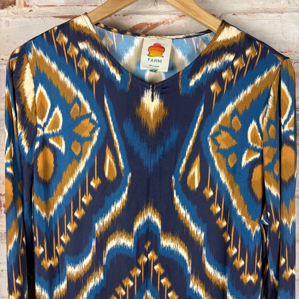 Farm Rio Blue Gold Pineapple Ikat Long Sleeve Maxi Dress L Boho Tribal Statement - Picture 10 of 11